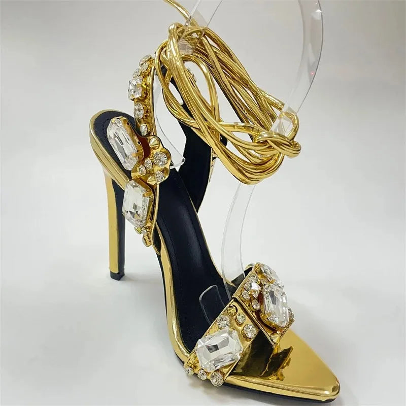 Scarpe da Donna Sexy con Cinturino alla Caviglia, Sandali Dorati per Feste e Discoteche, Tacchi da Spogliarellista, Scarpe da Sposa di Alta Qualità con Cristalli e Diamanti