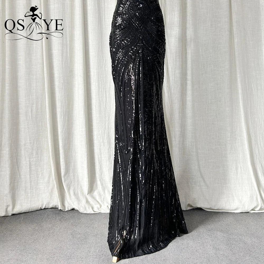 Abito da sera lungo nero semplice con paillettes, modello a sirena, spalline sottili, scollo a V, senza schienale, elegante per feste