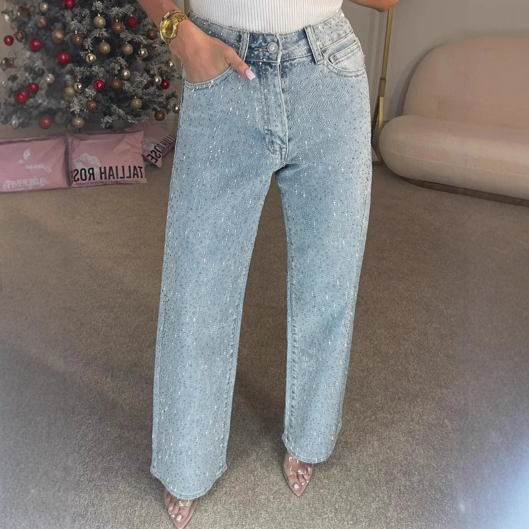 Jeans da Donna a Vita Alta con Strass, Gamba Larga, Lavaggio Chiaro, Pantaloni in Denim Scintillanti a Gamba Dritta