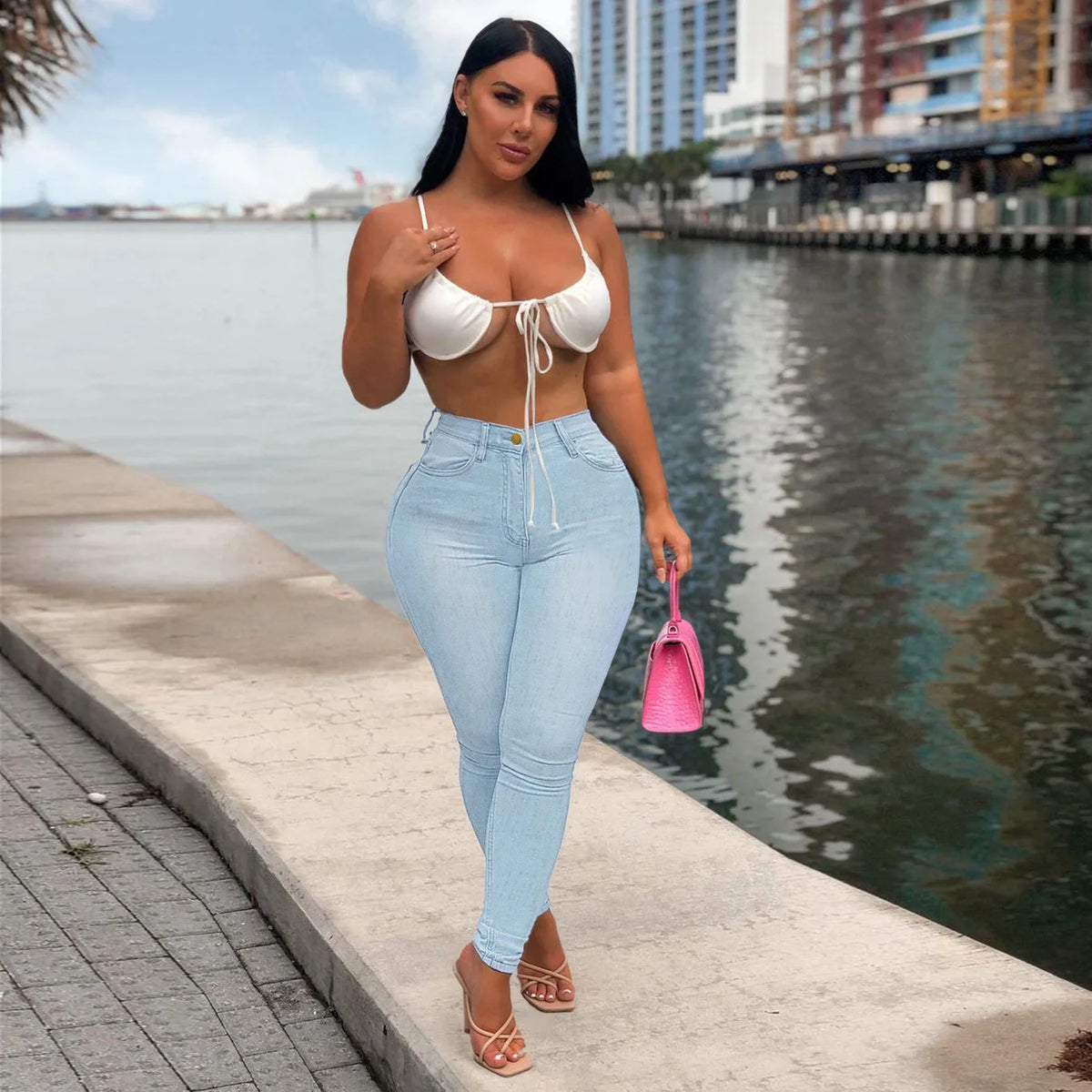 Jeans a Vita Alta da Donna 2026, Pantaloni Skinny Elasticizzati con Tasche, Effetto Consumato e Lavato, Lunghezza alla Caviglia, Stile Streetwear