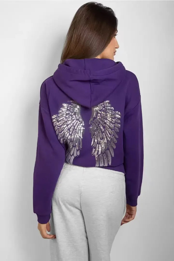 Felpe con Cappuccio da Donna con Stampa Ali d'Angelo in Paillettes, Maniche Lunghe, Tinta Unita, Stile Casual, Nuova Collezione 2025, Abbigliamento Streetwear Y2k
