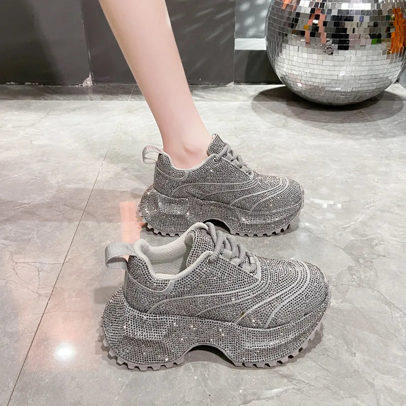 Nuove Scarpe Sportive Casual da Donna con Suola Spessa e Decorazioni in Diamanti, Design Elegante e alla Moda