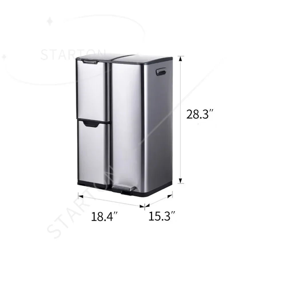 60L Triple Compartment Stainless Steel Recycling Bin with Pedal Press Button on Top Kitchen Trash Bin Recycle Bin