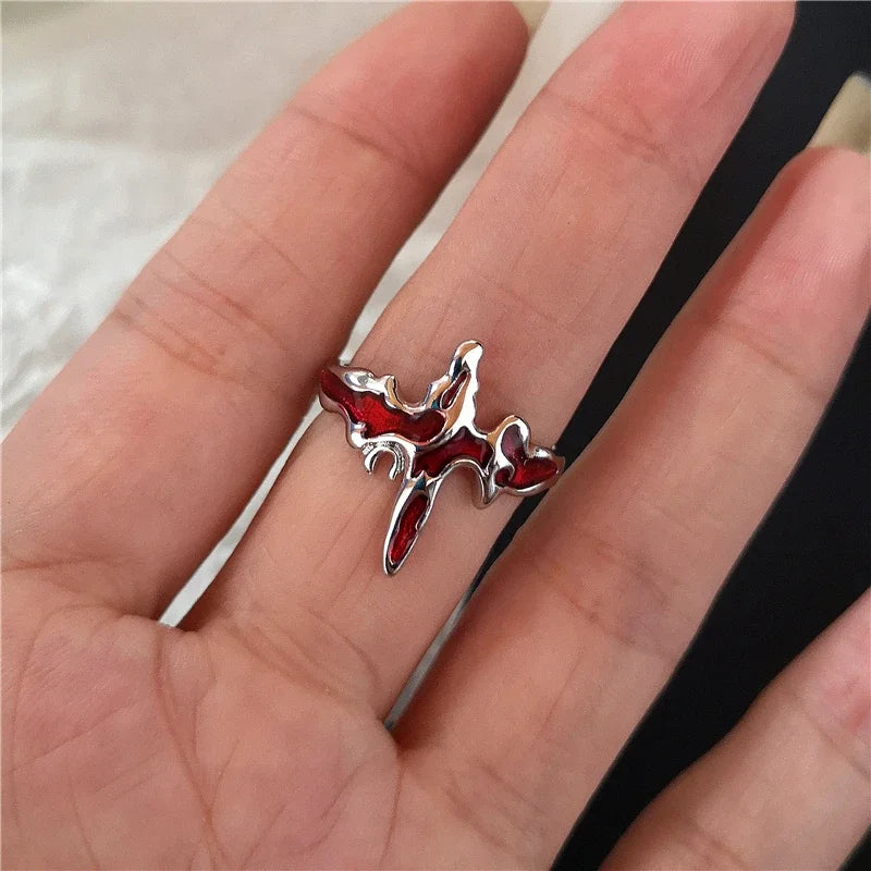 Anillos ajustables estéticos de corazón de cristal rojo irregular de apertura nueva para mujer, anillo gótico de araña animal, joyería creativa