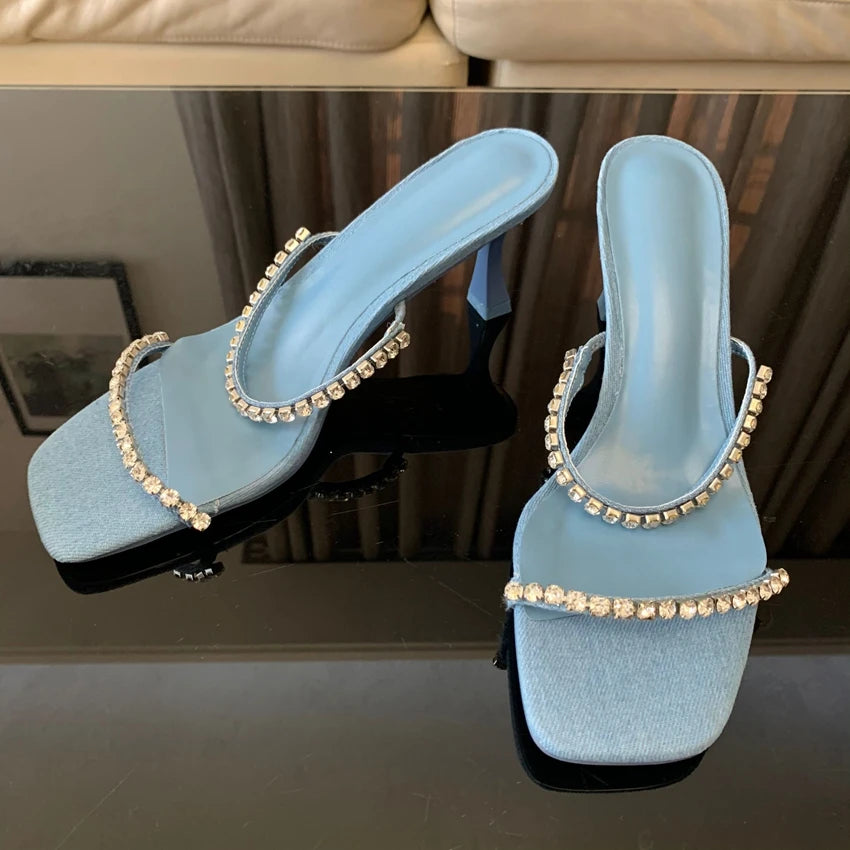 Denim blu strass tacchi alti donna muli Peep Toe moda pantofole Casual diapositive signore sandali con tacco scarpe estive