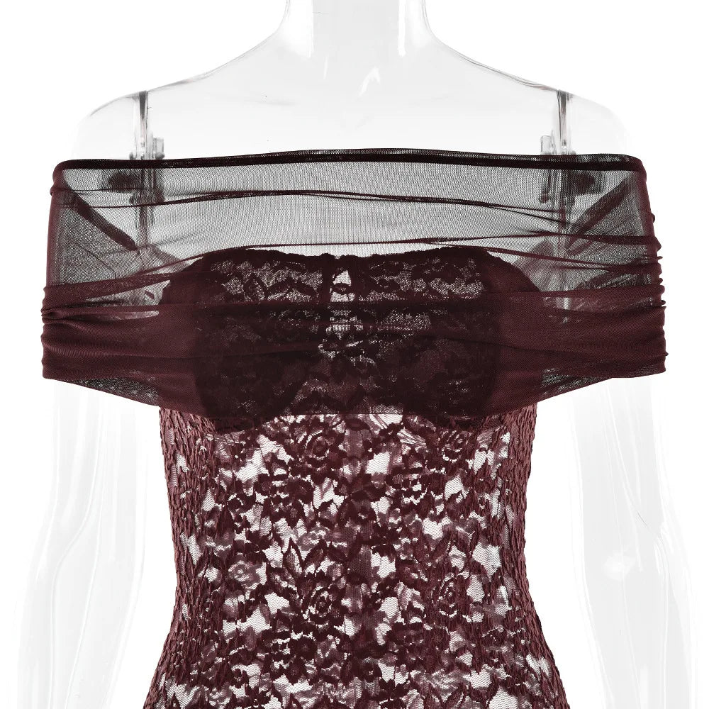Apprabant Donne 2025 Nuovo Off Spalla Sirena Abito Da Sera Sexy Sheer Lace Patchwork Maglia Sottile Abito Lungo Elegante Partywear