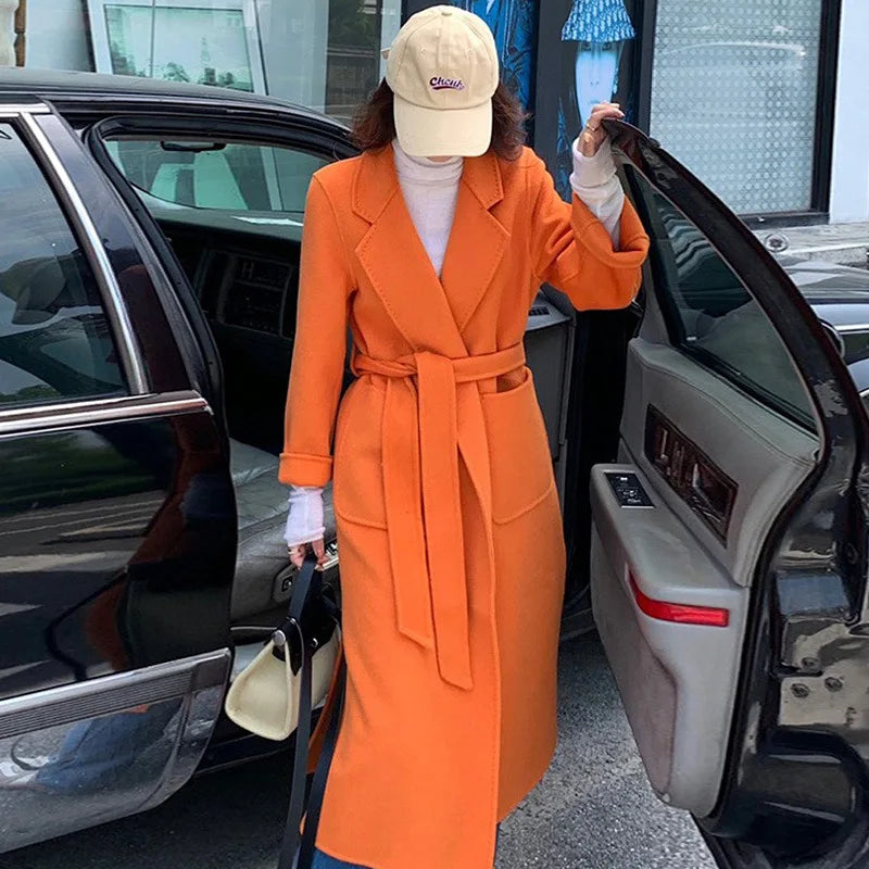 2024 Donne di Inverno di Lusso Fatti A Mano Cappotti di Lana Double Face 100% X-Lunghi Cappotti di Design Coreano Delle Donne Della Tuta Sportiva Cappotti Rosa
