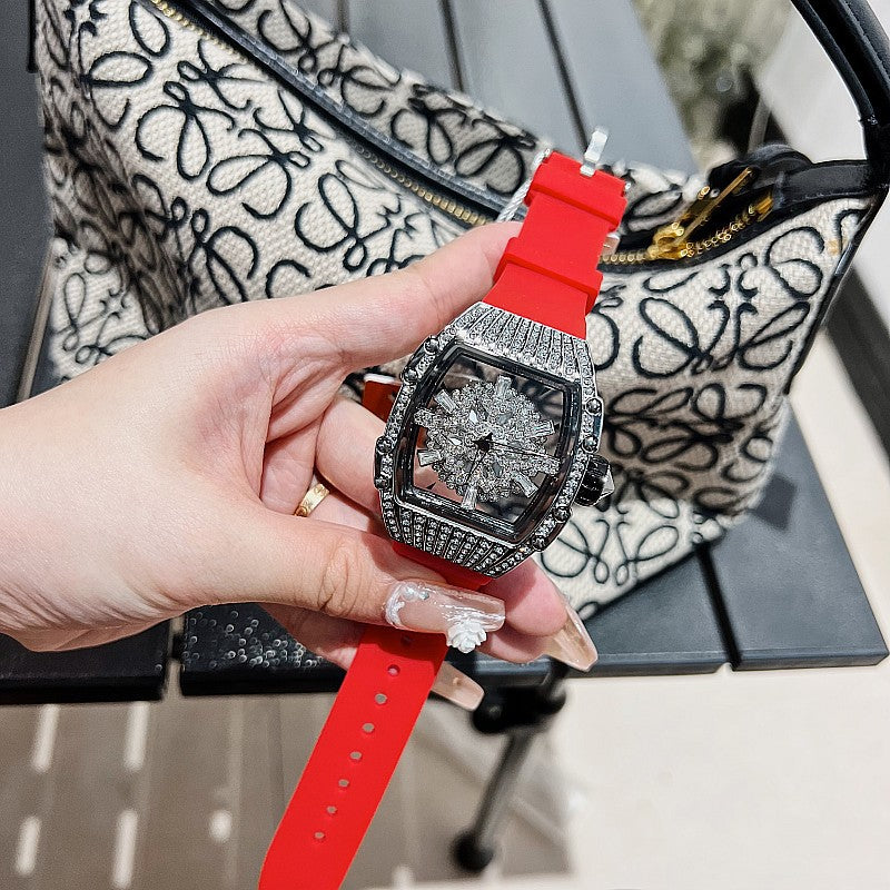 Orologio da donna di marca di lusso con fiocco di neve, strass, quadrante rotante con diamanti per orologio sportivo al quarzo da donna con cinturino in silicone