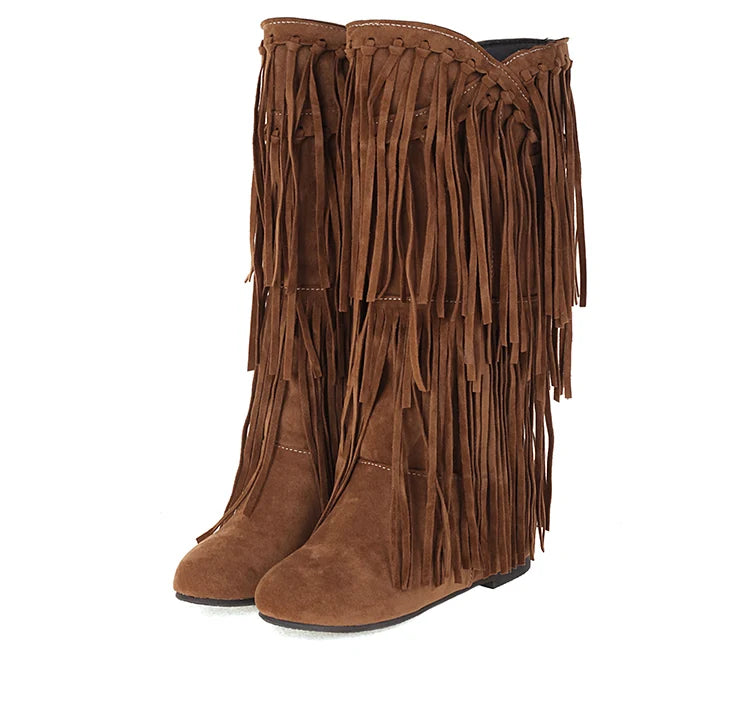 2025 Nuovi stivali alti Donna Bohemian Flock Nappa Stivali a metà polpaccio Stivaletti con zeppa Autunno Inverno Scarpe casual etniche zapatos de mujer