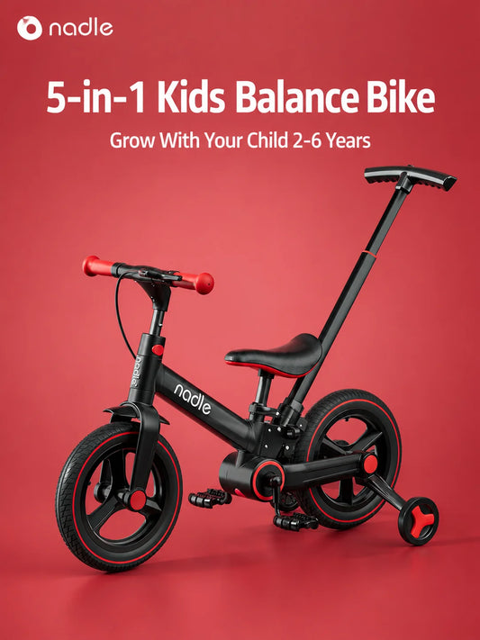 4-in-1 Kids Balance Bike with Training Wheels & Push Handle, Lightweight Foldable Toddler Bike for 2-6 Years Old Boys Girls