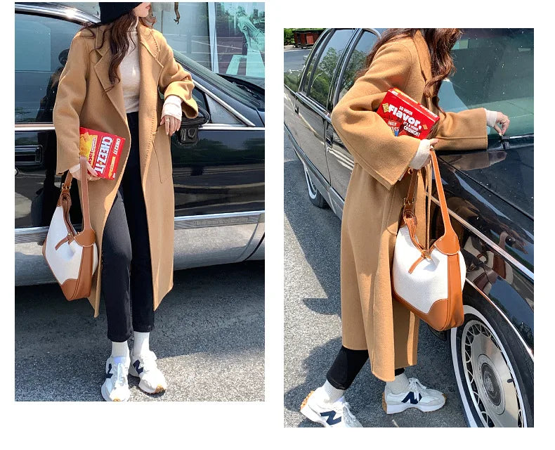 2024 Donne di Inverno di Lusso Fatti A Mano Cappotti di Lana Double Face 100% X-Lunghi Cappotti di Design Coreano Delle Donne Della Tuta Sportiva Cappotti Rosa