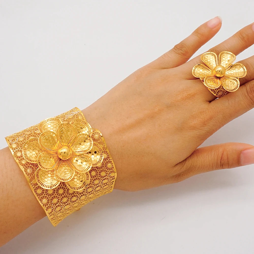 Bracciale color oro Dubai con anello per donna Bracciale con polsino a catena con ciondoli Bracciale indiano Arabo Francia Regali di gioielli da sposa