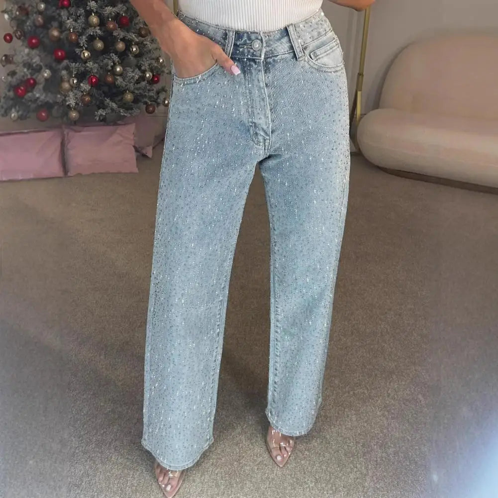 Jeans con perle finte per donna Pantaloni in denim elasticizzato a gamba dritta a vita alta Pantaloni larghi con perline a gamba larga casual Moda streetwear