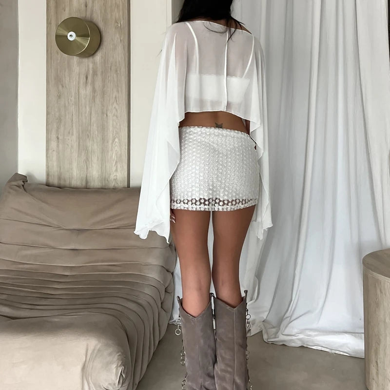 Combhasaki Poncho da Donna in Chiffon, Coprispalle Trasparente in Rete, Mantella con Maniche a Pipistrello e Orlo Irregolare, Blusa Y2K, Copricostume per Matrimoni e Feste