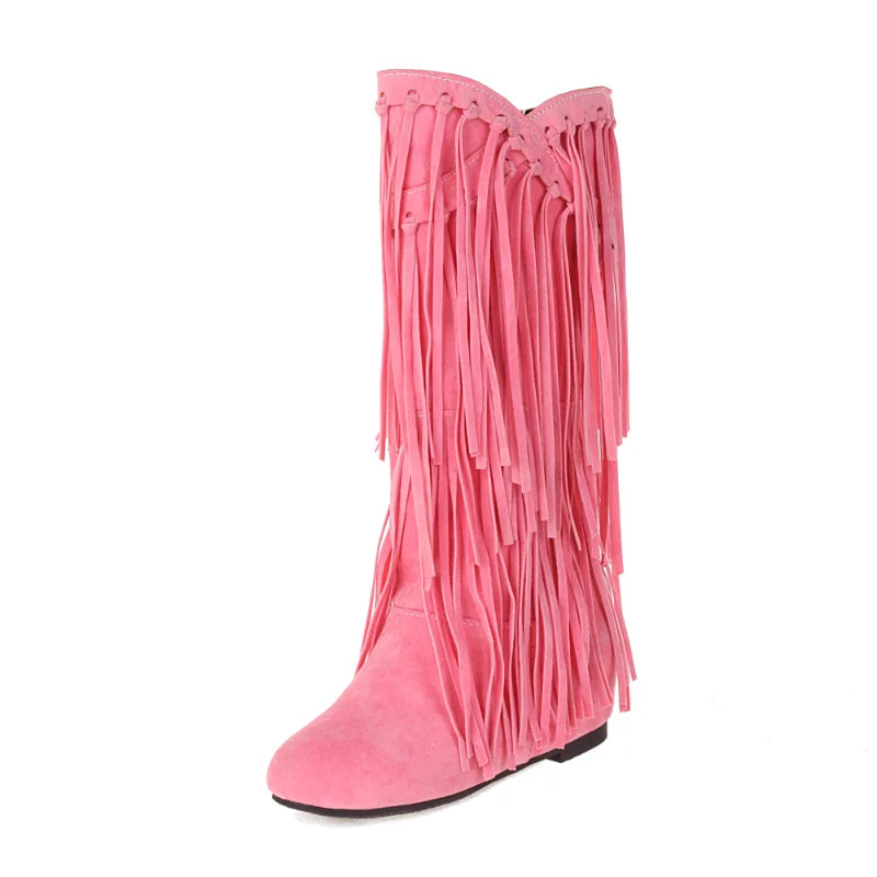 Scarpe da donna primavera e autunno moda nuovo stile Sexy stivali da donna al ginocchio floccato punta tonda frangia alta 3cm plus size 34-48