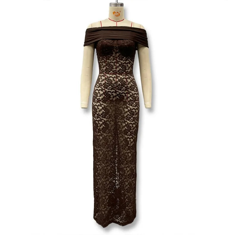 Abito lungo elegante da sera per damigella d'onore, sexy e alla moda, con scollo asimmetrico a spalla scoperta, in rete e con dettaglio avvolgente sui glutei.