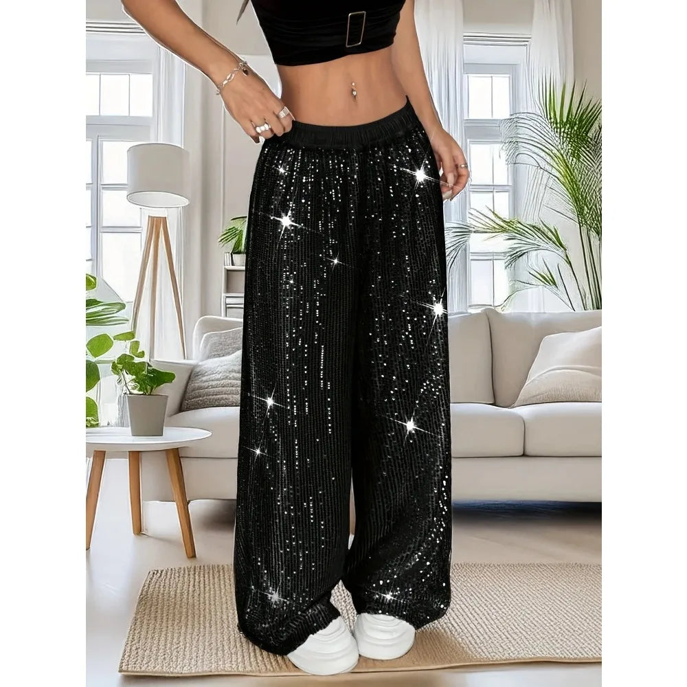 Pantaloni a gamba dritta con paillettes moda donna taglie forti 1XL-5XL Pantaloni lunghi larghi a vita alta eleganti casual da donna