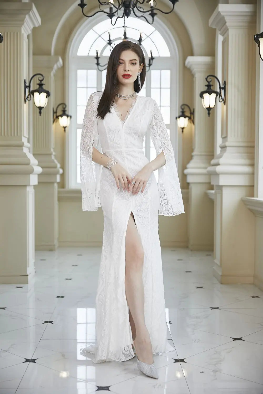 Abito in Pizzo da Donna Primavera Estate, Vestito da Damigella d'Onore, Abito da Sera per Ospiti di Matrimonio, Manica Lunga, Scollo a V, Aderente, Bordeaux