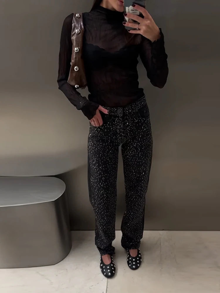Pantaloni da donna in denim con diamanti chic Tasche a vita media con glitter alla moda Jeans femminili 2025 Pantaloni lunghi da donna di High Street primavera estate