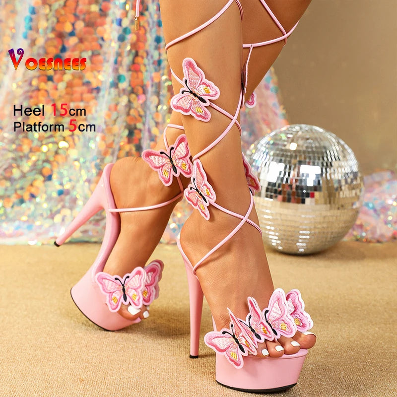 Sandali con plateau alla moda 15CM Tacchi alti Scarpe con cinturino alla caviglia a farfalla per le donne 2025 Sandali da ballo con tacco sottile estivo con lacci
