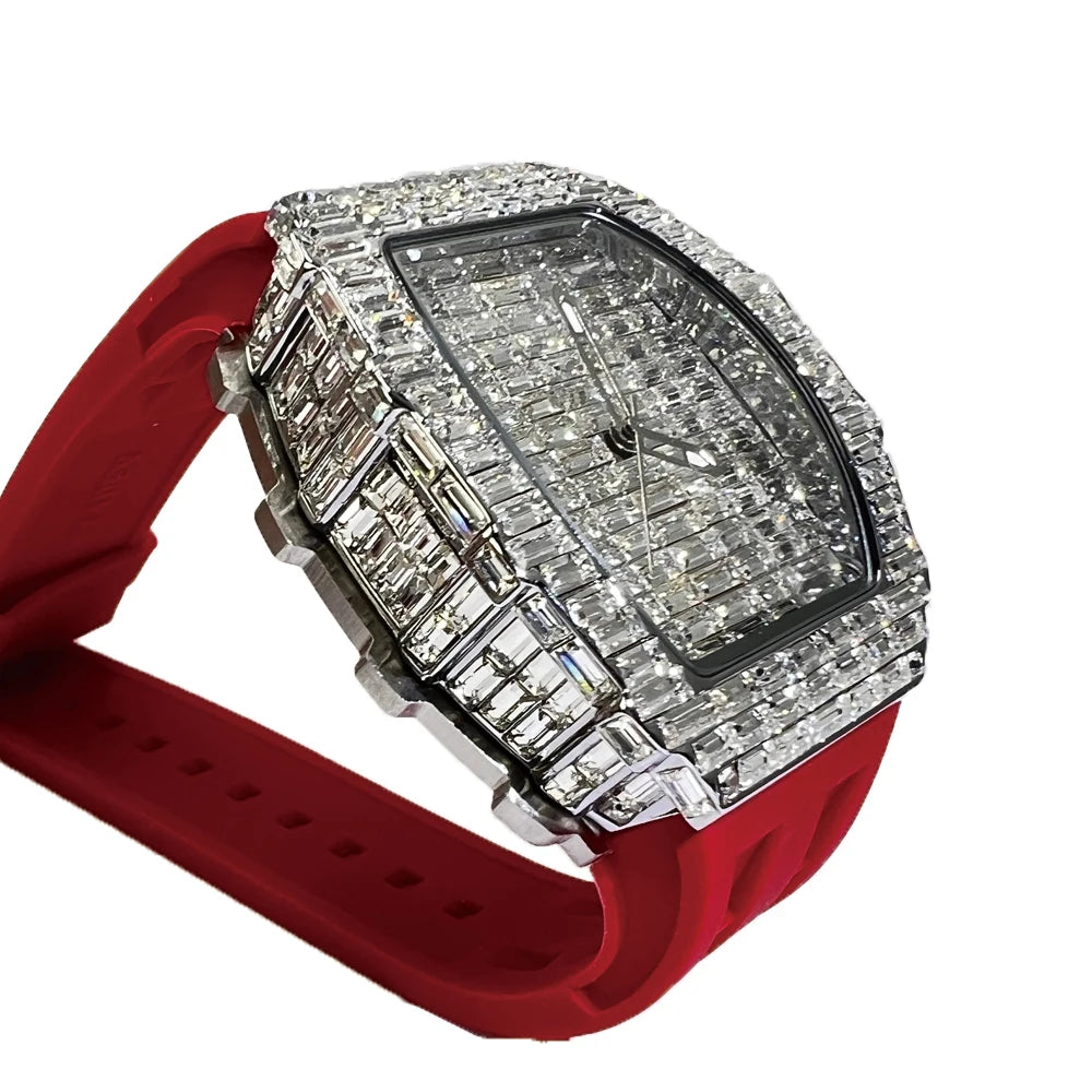 Orologio da uomo di marca di lusso Orologio tonneau unico di moda Orologio da polso con cinturino in caucciù impermeabile con quadrante blingbling con diamanti Regalo di vendita calda