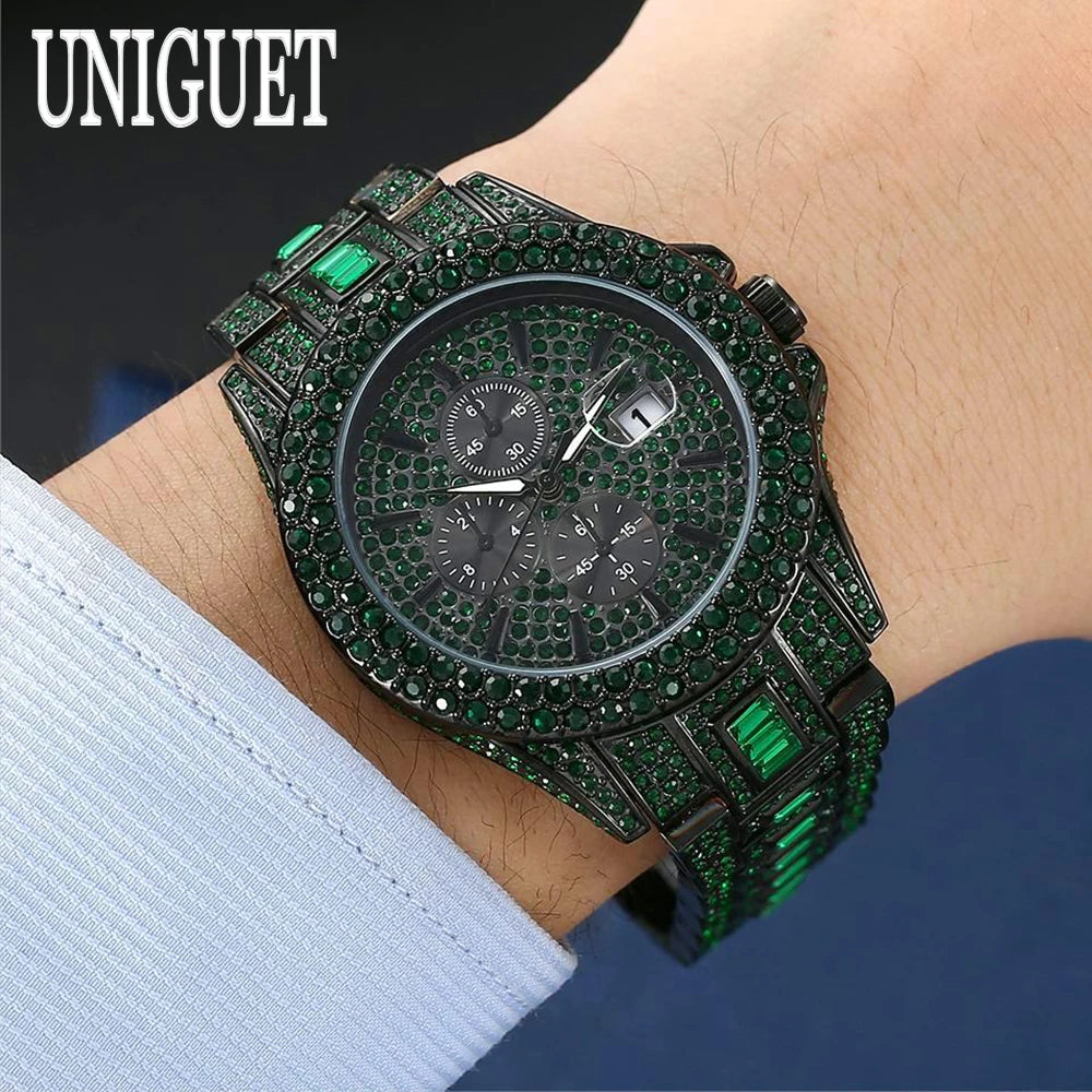 Vendita calda orologio rosso ghiaccio per uomo marchio di moda UNIGUET Hip Hop pieno di diamanti gioielli in acciaio inossidabile di lusso orologio da polso al quarzo uomo