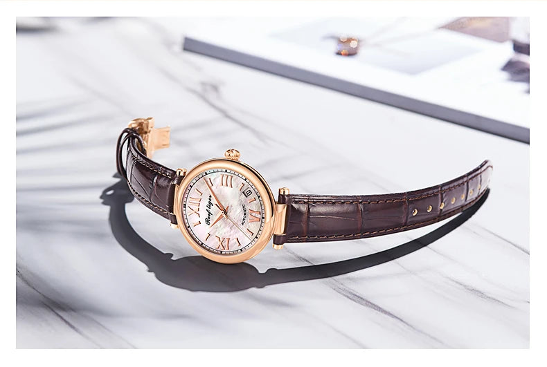 FolliFollie Orologio da donna automatico con quadrante in oro rosa e diamanti con numeri romani, cinturino in pelle, orologio da donna di lusso