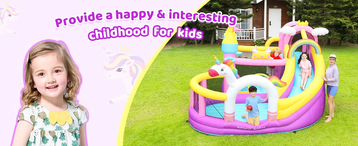 Inflatable Bounce House 5 in 1 Unicorn Wide Slide Jumping Castle for Kids Backyard Ball Pit Climbing Wall Basketball Hoop