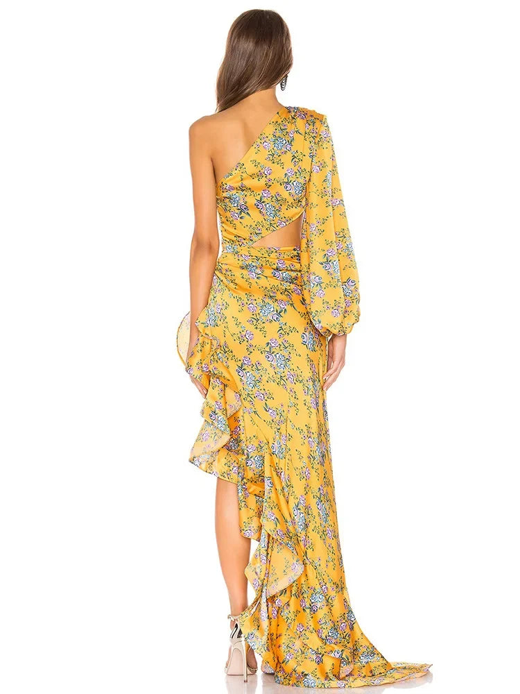 Abito Elegante e Sexy con Stampa Floreale, Orlo Asimmetrico, Collo Alto, Maniche a Palloncino, Lunghezza al Ginocchio