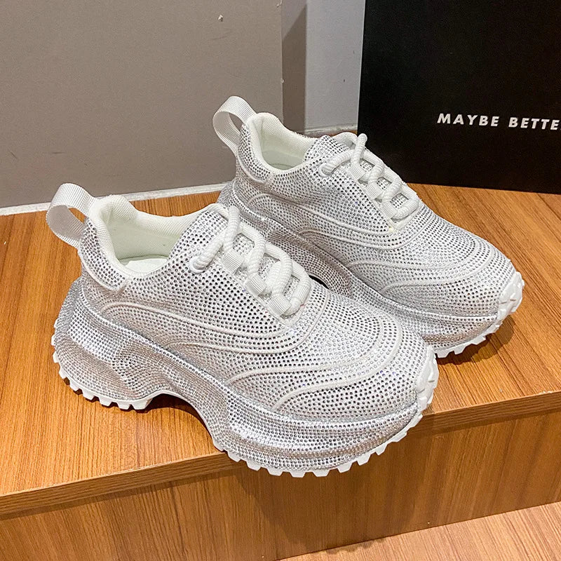 Nuove Scarpe Sportive Casual da Donna con Suola Spessa e Decorazioni in Diamanti, Design Elegante e alla Moda