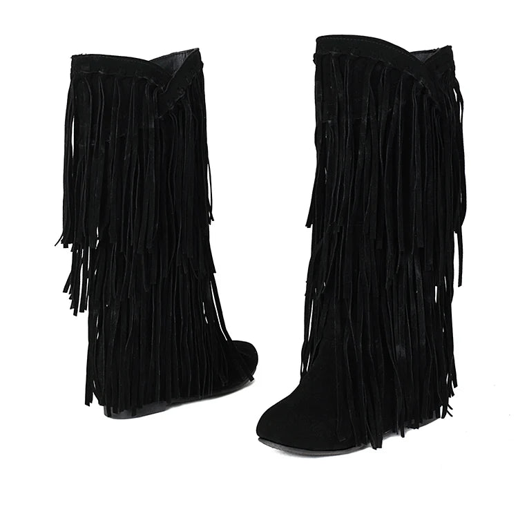 2025 Nuovi stivali alti Donna Bohemian Flock Nappa Stivali a metà polpaccio Stivaletti con zeppa Autunno Inverno Scarpe casual etniche zapatos de mujer