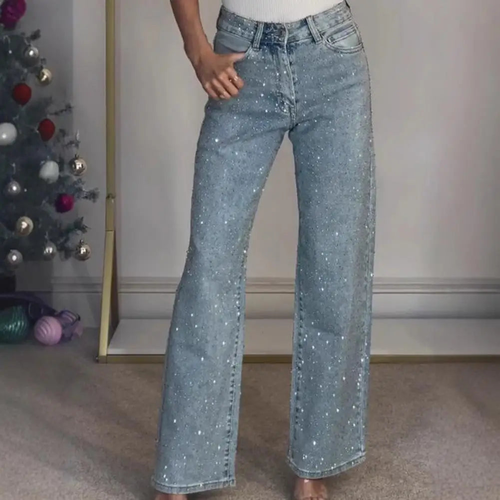 Jeans con perle finte per donna Pantaloni in denim elasticizzato a gamba dritta a vita alta Pantaloni larghi con perline a gamba larga casual Moda streetwear
