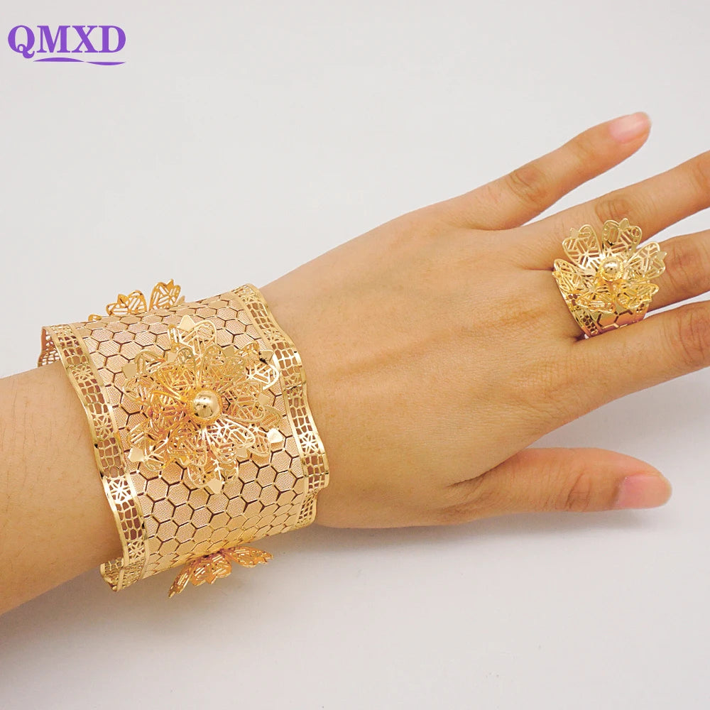 Bracciale color oro Dubai con anello per donna Bracciale con polsino a catena con ciondoli Bracciale indiano Arabo Francia Regali di gioielli da sposa
