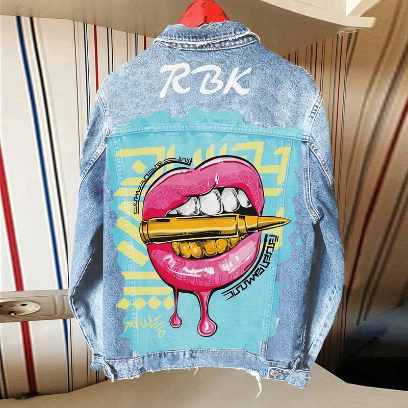 2024 autunno delle donne nuova vendita calda Street INS Net Red con la stessa ragazza giocosa Tongue Out Print Pattern giacca di jeans con risvolto