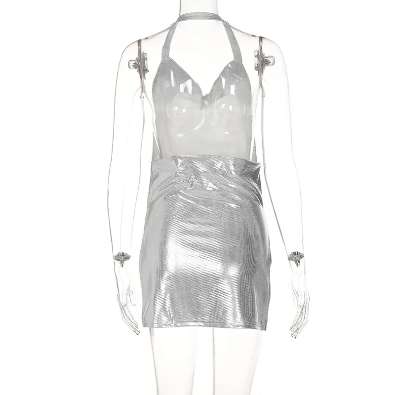 Abito corto elegante da donna sexy e alla moda con collo appeso, fondo senza schienale, abito da ballo per ragazza da festa con paillettes sul petto