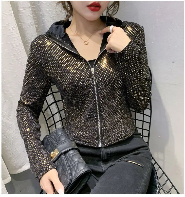 Giacca Autunnale da Donna, Nuova Giacca Corta con Paillettes, Moda Femminile, Manica Lunga, Design Elegante, Camicia Sexy