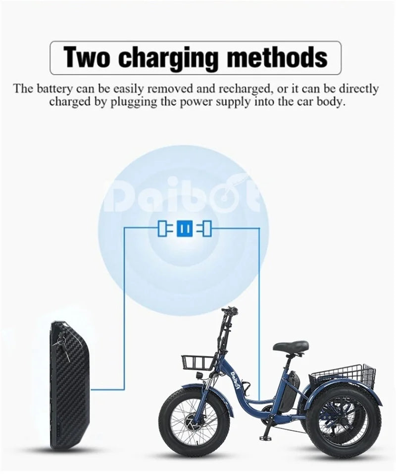 Triciclo eléctrico para adultos 3 ruedas 500W 48V Fat Tire Bicicleta eléctrica de carga para damas Batería extraíble impermeable y antirrobo