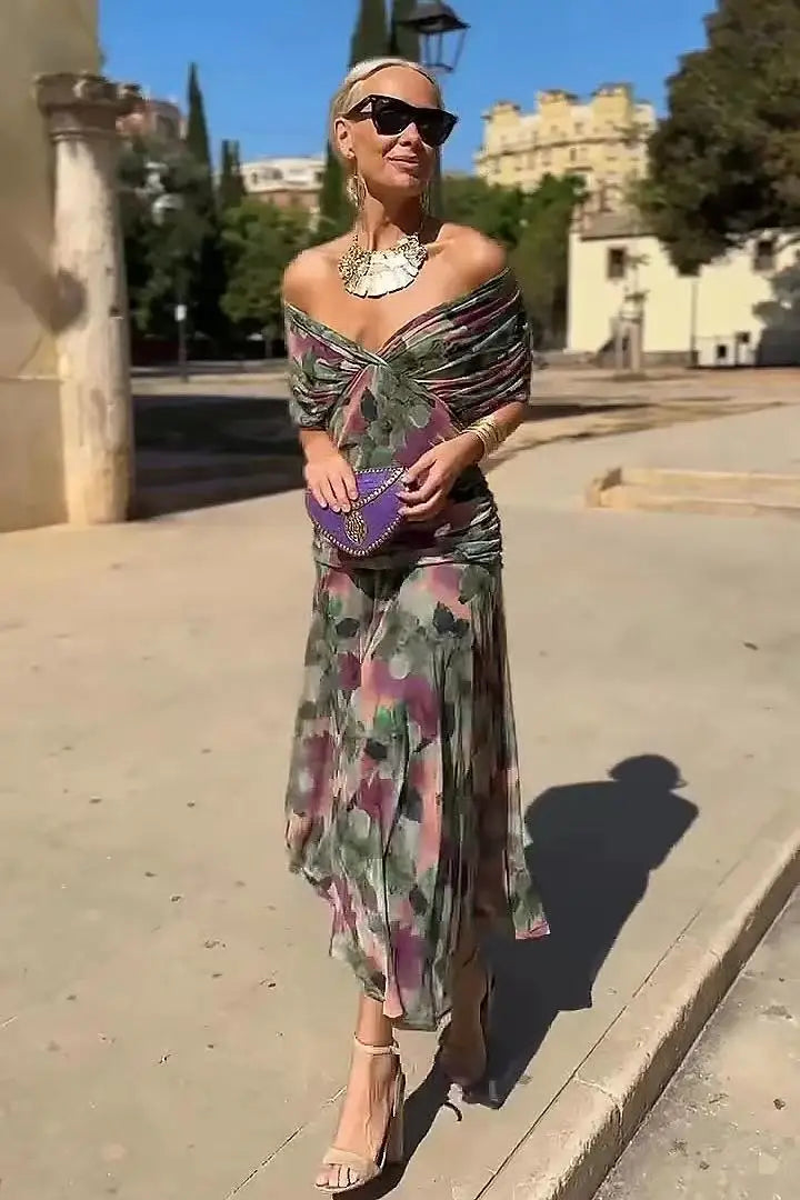 Abito Midi Estivo da Donna con Stampa in Rete e Spalline Sottili, Casual per Feste, Taglie EU e US