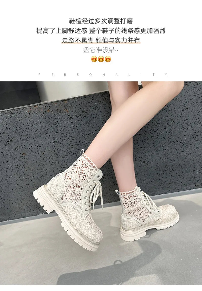 Scarpe Retrò da Donna, Stivali Estivi con Pizzo Traforato, Stivaletti alla Moda con Plateau, Scarpe di Lusso Firmate, Botas Mujer