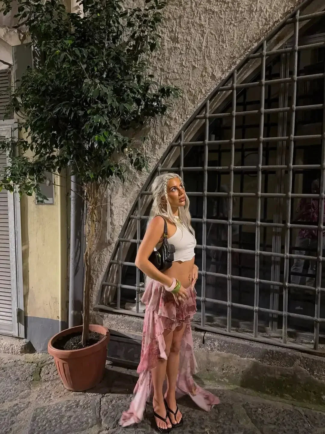 Gonna da donna rosa floreale con volant asimmetrici, sexy, con orlo asimmetrico, chic, trasparente, plissettata, a trapezio, 2026, stile bohémien da spiaggia