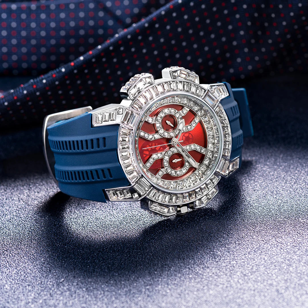 MISSFOX Nuovo Orologio Al Quarzo Rosso Per Gli Uomini di Lusso Hip Hop Streetwear Orologio Impermeabile Orologi Con Diamanti Orologi Da Polso Da Uomo Al Quarzo AAA