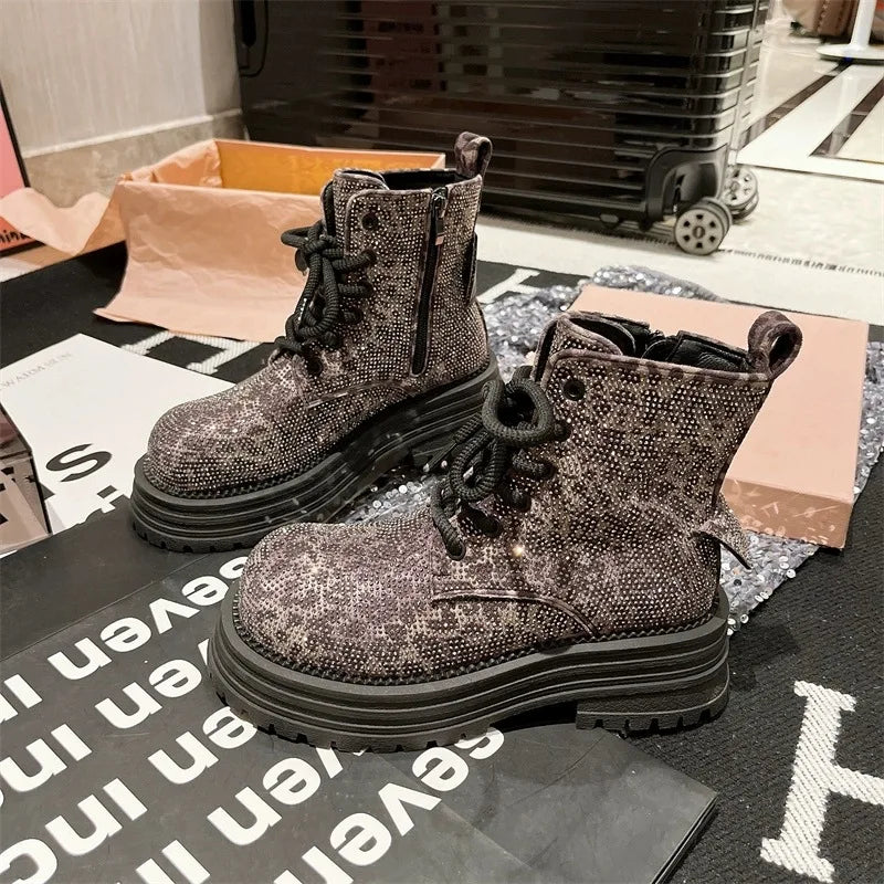 Stivali da donna invernali con stampa leopardata con lacci e strass stivaletti corti antiscivolo con piattaforma alla moda all'aperto stivali da cavaliere Botas Mujer