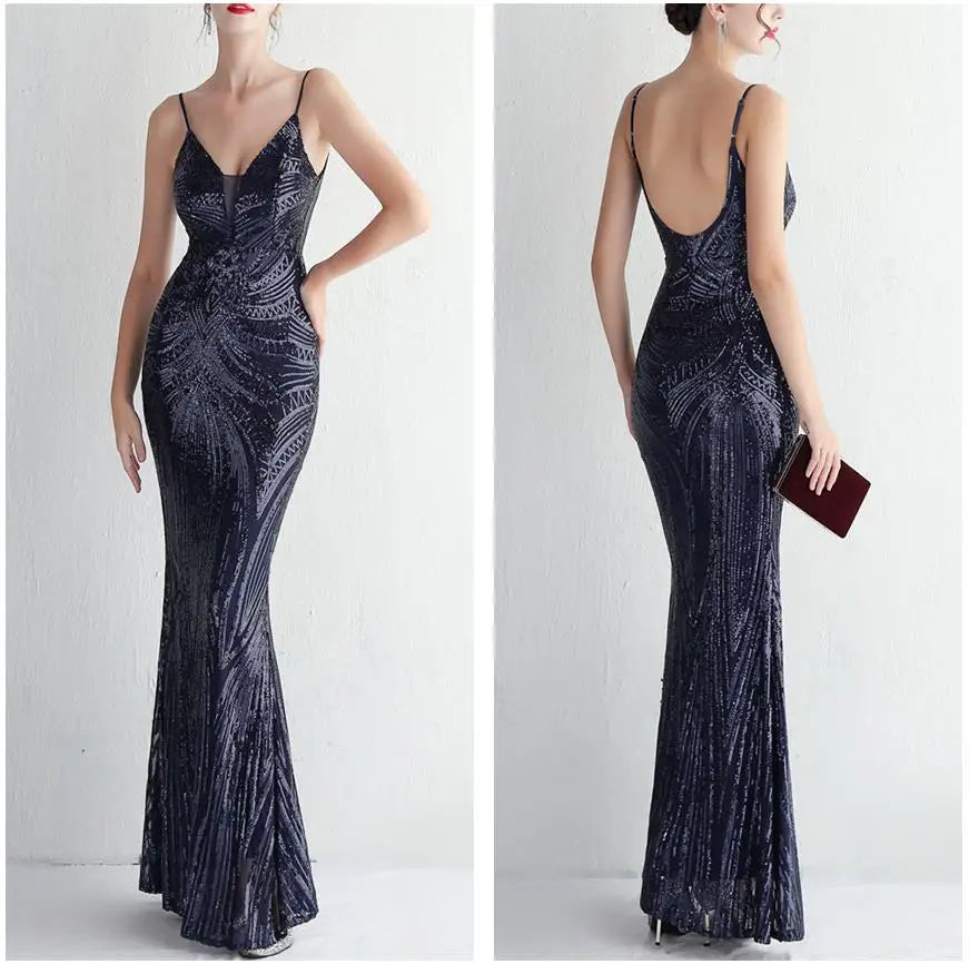 Abito da sera lungo nero semplice con paillettes, modello a sirena, spalline sottili, scollo a V, senza schienale, elegante per feste