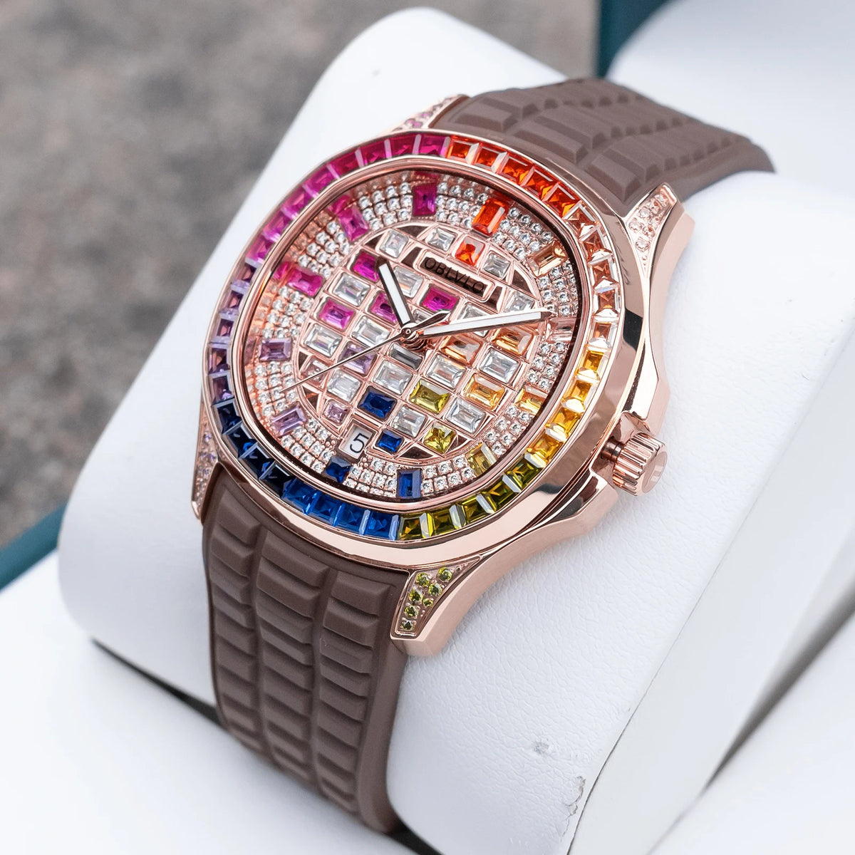 OBLVLO Orologio Automatico da Uomo alla Moda con Quadrante Impreziosito da Cristalli, Display Data, Lunetta con Pietre Baguette, Cinturino in Gomma FM-DSL