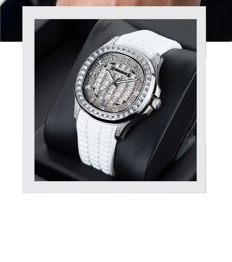 Orologio Quadrato di Lusso da Uomo OBLVLO con Movimento Meccanico Automatico, Diamanti Rosa, Cinturino in Silicone, Impermeabile FM-DSL