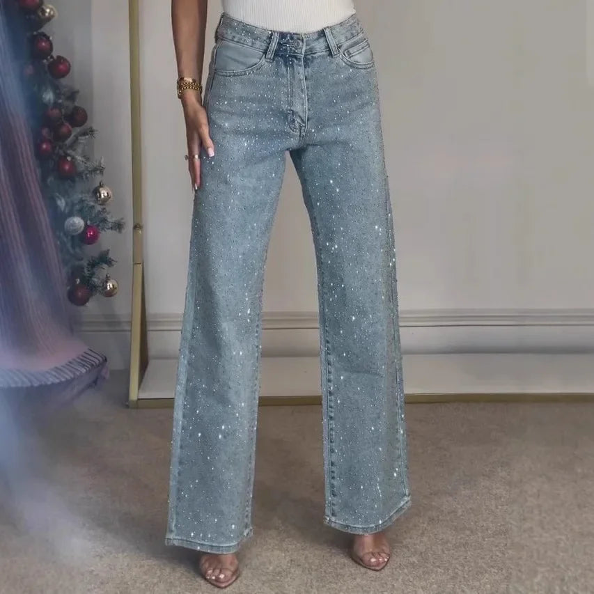 Jeans da donna Pantaloni dritti con diamanti Jeans elasticizzati a vita alta lavati per mamma Jeans vintage Streetwear Pantaloni streetwear Y2k