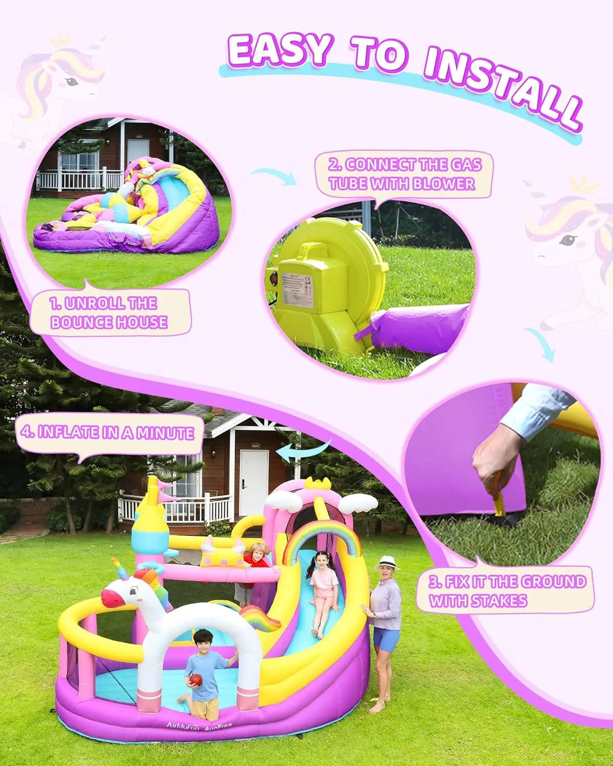 Inflatable Bounce House 5 in 1 Unicorn Wide Slide Jumping Castle for Kids Backyard Ball Pit Climbing Wall Basketball Hoop