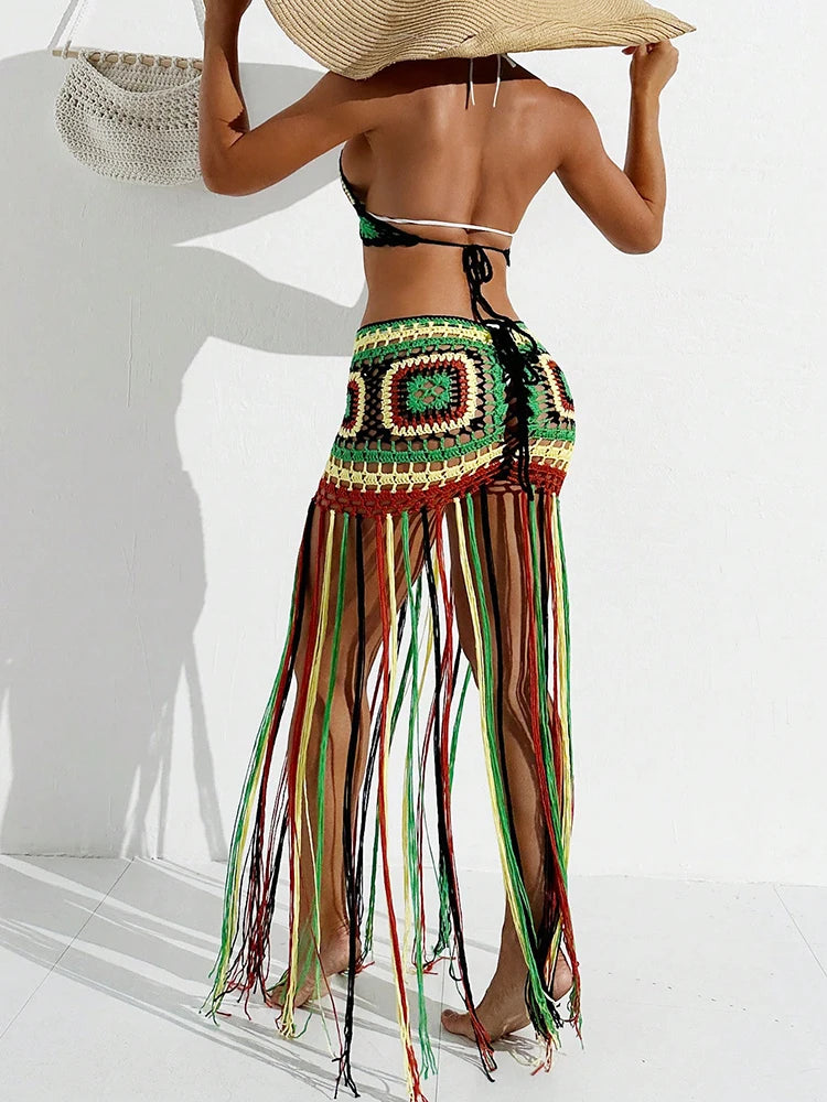 Copricostume da donna estivo all'uncinetto con scollo a V profondo, costume da bagno multicolore, bikini lungo con nappa, abito in maglia, copricostume, costumi da bagno senza schienale