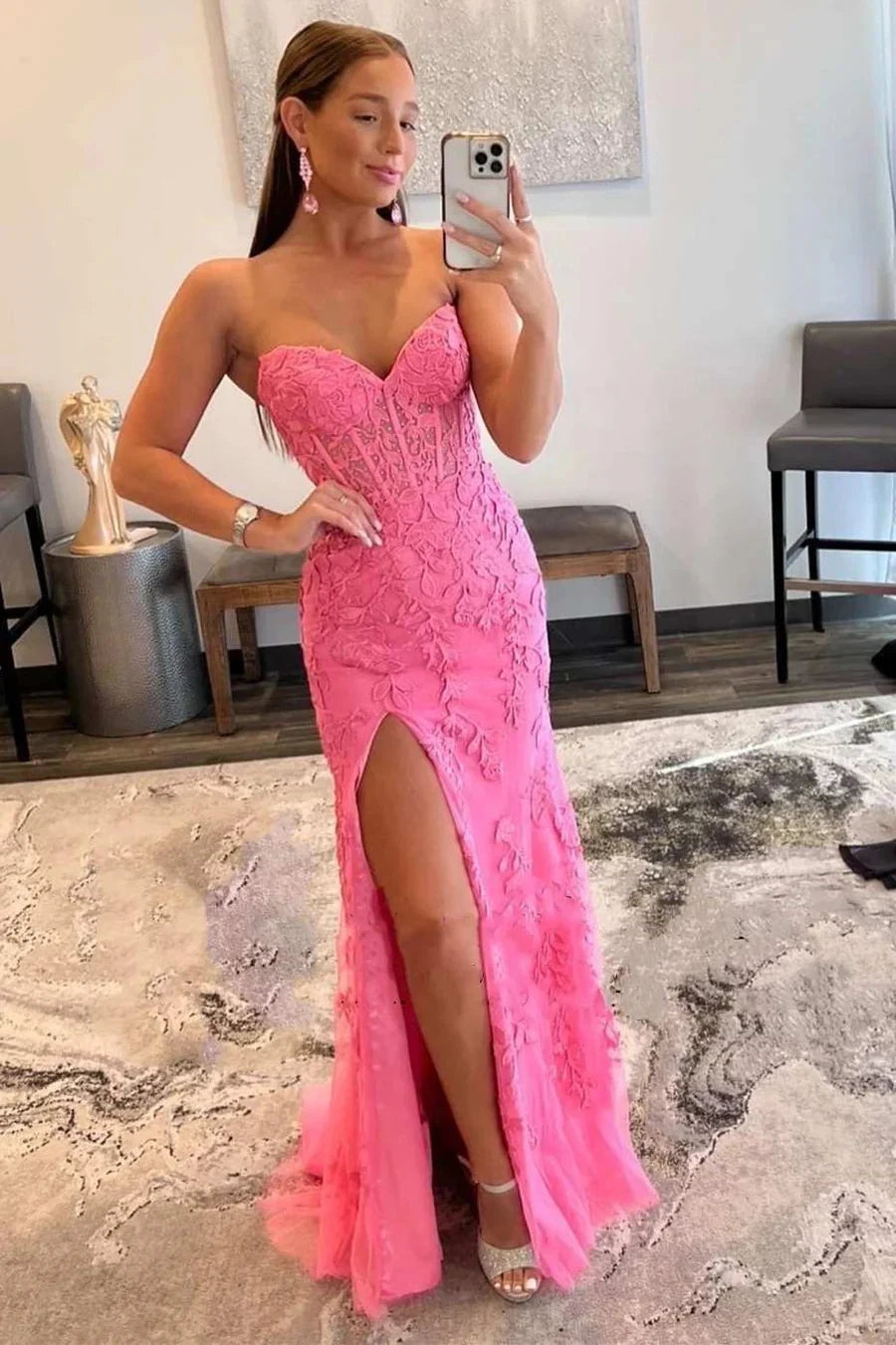 Abiti da Sera Personalizzati per Donne Stile Sirena con Spacco Laterale e Applicazioni, Abiti per Feste di Compleanno, Cerimonie e Occasioni Formali