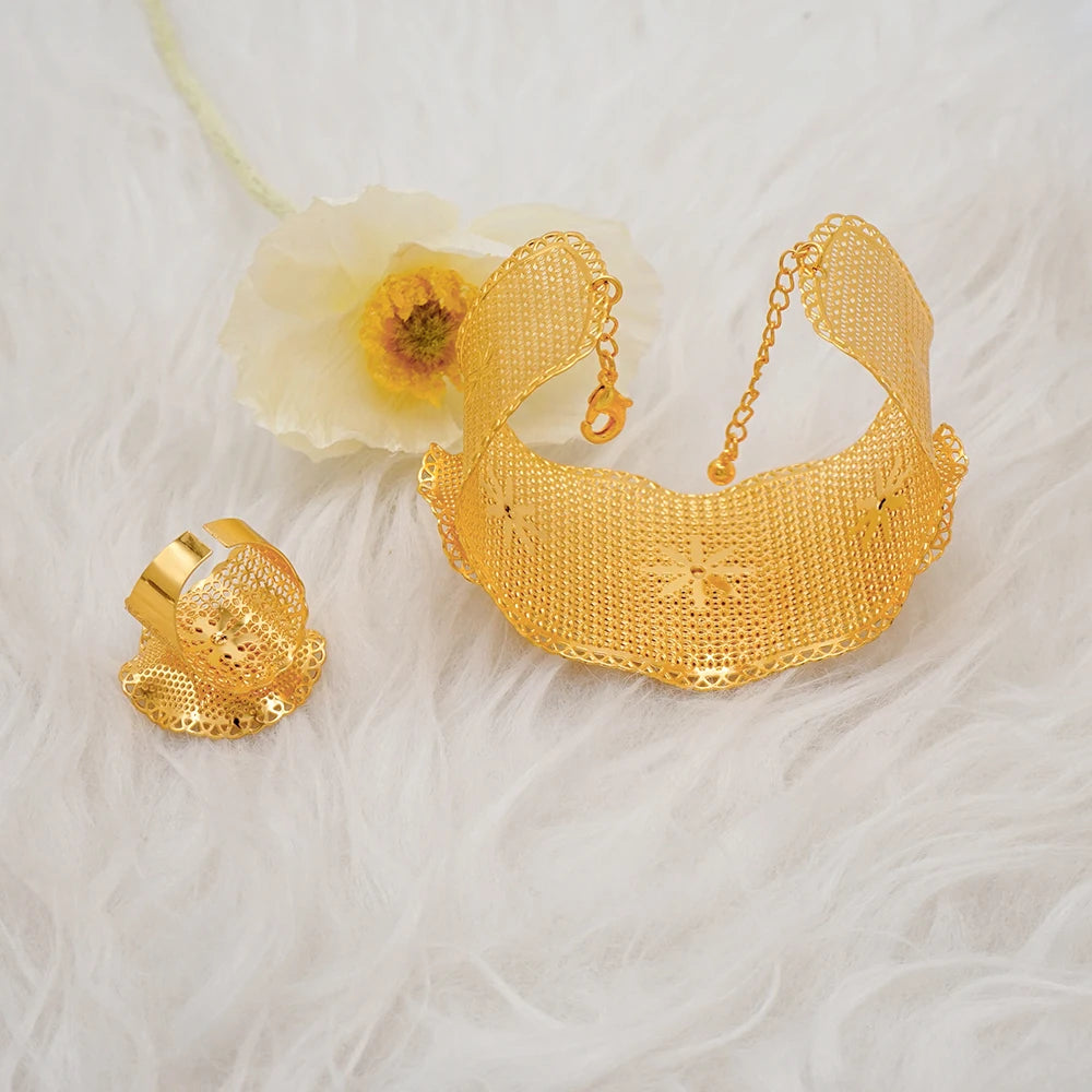 Bracciale color oro Dubai con anello per donna Bracciale con polsino a catena con ciondoli Bracciale indiano Arabo Francia Regali di gioielli da sposa